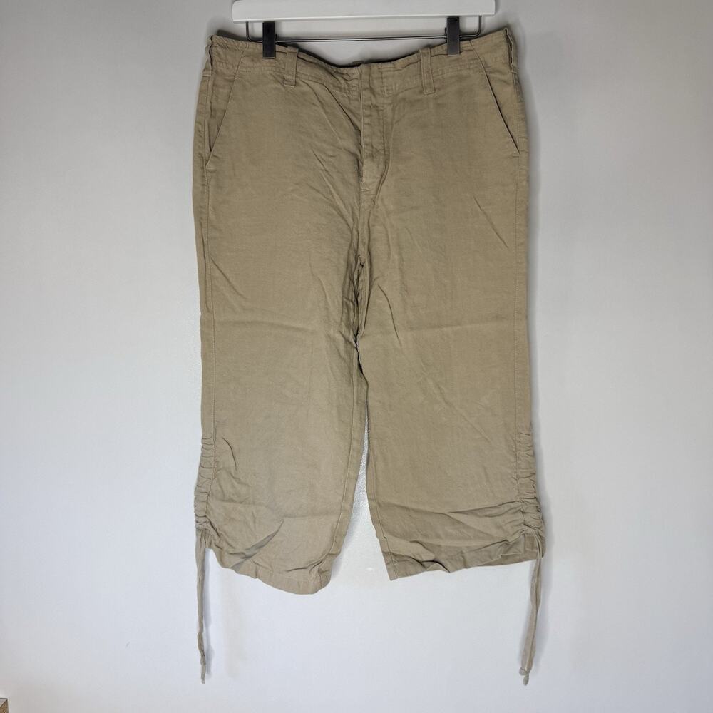 Vintage GAP Factory Women’s Linen Capri Pants Sz 12 Tan Ruched Hem Drawstring